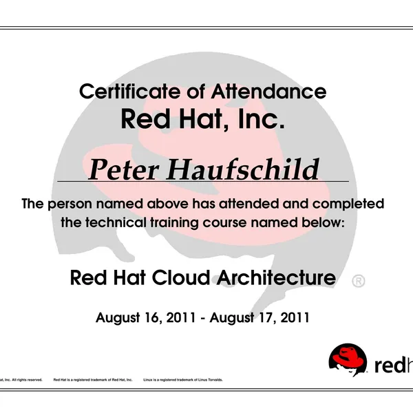 Teilnahmebescheinigung: Red Hat Cloud Architecture, 16. bis 17. August 2011