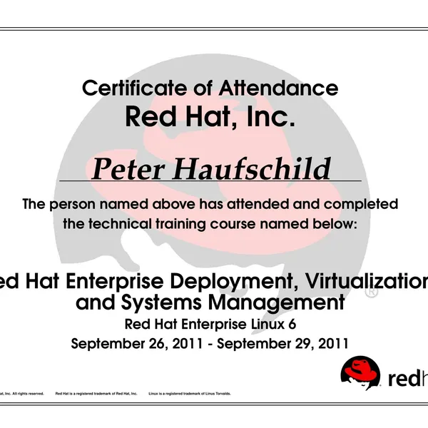 Teilnahmebescheinigung: RH401 – Red Hat Enterprise Deployment, Virtualization, and Systems Management, 26. bis 29. September 2011