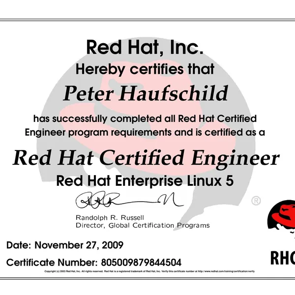 Urkunde: Red Hat Certified Engineer, Red Hat Enterprise Linux 5, 27. November 2009