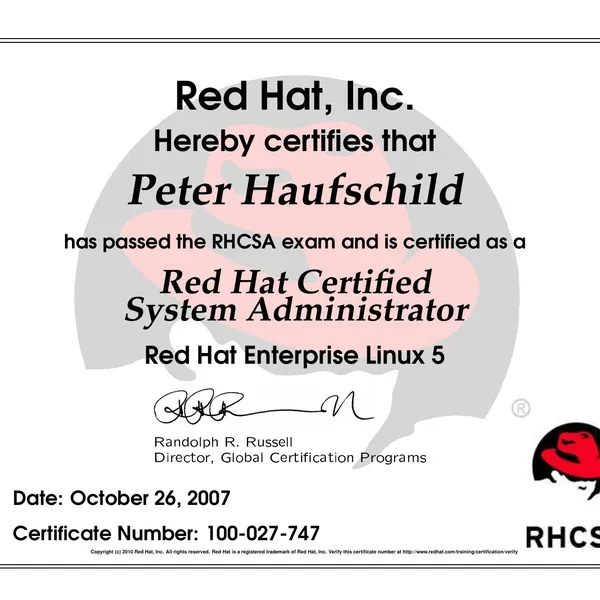 Urkunde: Red Hat Certified System Administrator, Red Hat Enterprise Linux 5, 26. Oktober 2007