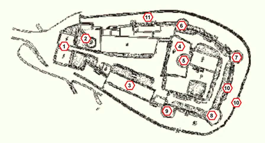 Grundriss der Leuchtenburg mit elf nummerierten Gebäuden und Anlagen; die Legende steht unter dem Bild.
