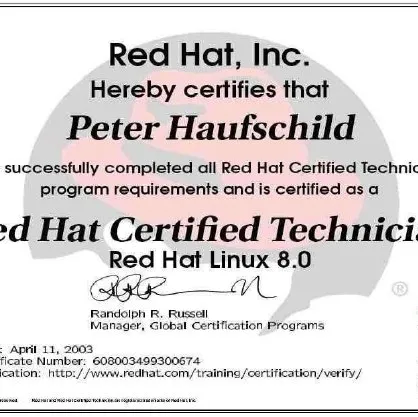 Urkunde: Red Hat Certified Technician, Red Hat Linux 8.0, 11. April 2003