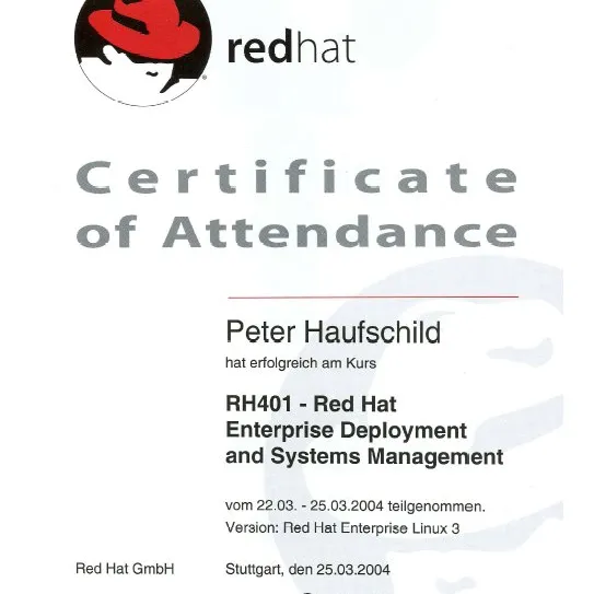 Teilnahmebescheinigung: RH401 – Red Hat Enterprise Deployment and Systems Management, 22. bis 25. März 2004