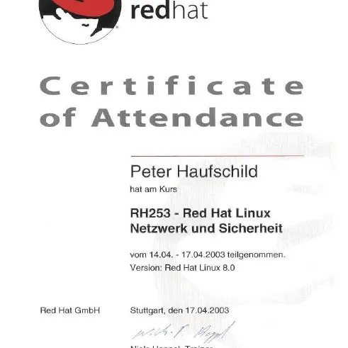 Teilnahmebescheinigung: RH253 – Red Hat Linux Netzwerk und Sicherheit, 14. bis 17. April 2003